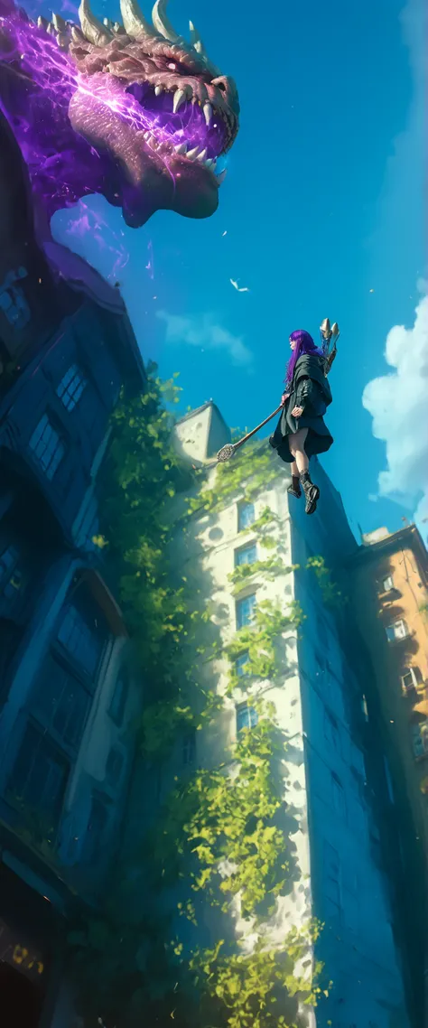 A girl,with legs hanging , on a ledge,height,Japanese city, street lamp ,,with her back((montruo flying en el cielo)),giant monster,Dragon gigante,alas,scales,(flying),(  obra maestra,   best quality), safe,  bangs of incredible quality ,    very aesthetic...