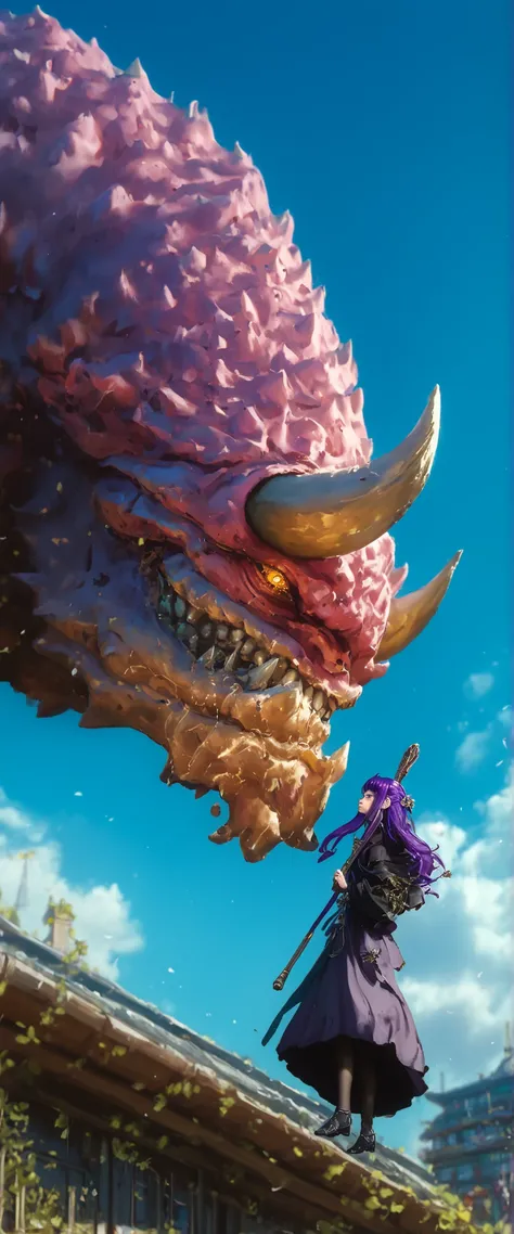 A girl,with legs hanging , on a ledge,height,Japanese city, street lamp ,,with her back((montruo flying en el cielo)),giant monster,Dragon gigante,alas,scales,(flying),(  obra maestra,   best quality), safe,  bangs of incredible quality ,    very aesthetic...
