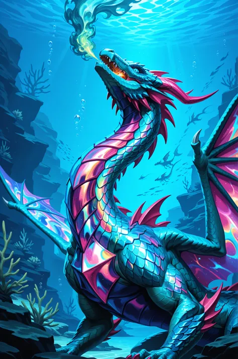 intricate underwater world with intricate detail, solo, 1dragon, blue slit eyes, (dragon scales iridescent:1.3), (magical prismatic dragons breath:1.4), airbrush multilayered art, beautiful, high contrast, 16k, very intricate detailed painting, detail to d...