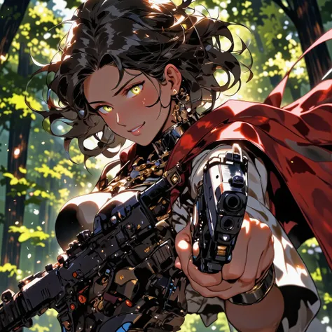 Anime comic book style illustration , reinvented Little Red Riding Hood, confident heroine, dynamic movement.short black hair costumes、
gracefully draped A stunning representation of **"hunter"**, a character with dual identity, in an intense moment **acti...