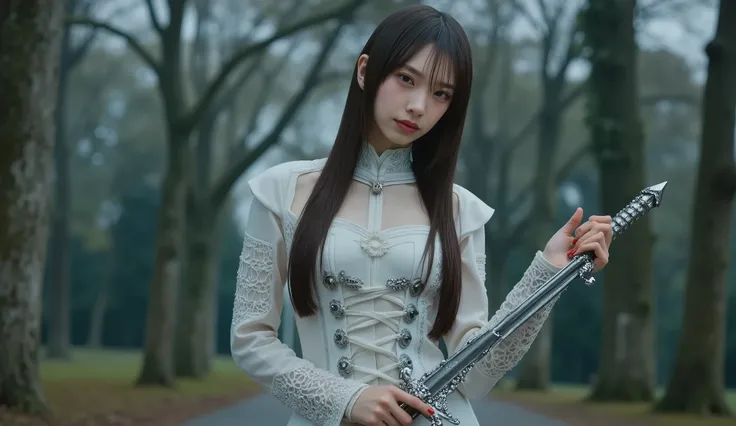 Handsome Aged Girls, Hot Body, Has 8 Pack Abs, slender figure, 8k, high resolution, Slim Fit Figure 6 ft Slim Fit, The bandage on the back of the fantasy suit covers the body, in the park at night, Has a Very Cool Pose ,Long Elongated Hair for Girls, white...