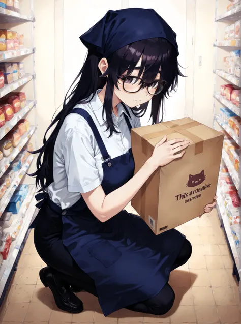 The black long-haired girl stands in the inner space, She wore a short-sleeved shirt underneath a navy blue bib dress.. . The apron has two prominent buttons on the sash near the shoulder. wearing a dark blue headscarf, wearing a black suit,,strabismus, da...