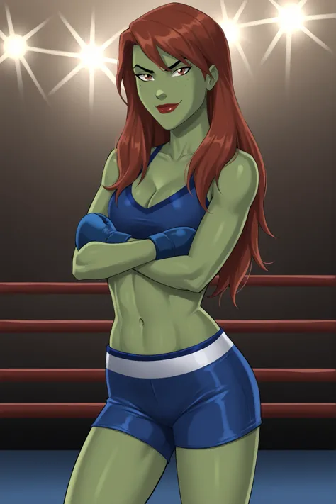 PonyXLV6_Scores BREAK (perfect anatomy, perfect eyes), BREAK mgann morzz, long hair, red hair, colored skin, green skin, freckles, brown eyes, makeup, red lipstick, ((looking at viewer)), superhero, blue sports bra, blue boxing shorts with red trim, curvy,...