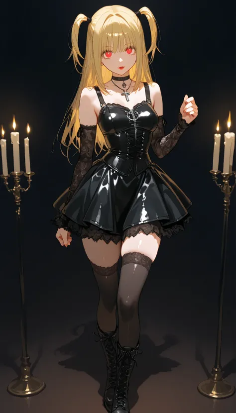amane misa, 1girl, blonde hair, red eyes, bangs, long hair, two side up, red lips, gothic,ta fashion, black dress, black choker, black detached sleeves, cross necklace, black thighhighs, black lace-up boots, model pose, (bodice),
, gothic, candles light, d...