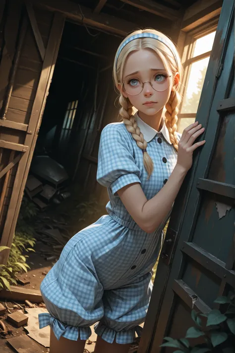 masterpiece, best quality, very aesthetic, absurdres, realistic, indoors, abandoned shed, dusty, sunbeams, doorway, dark, backlighting, backlit, solo, dutch angle, 1girl, hiding behind (wall), peeking out, blonde hair, twin braids, parted bangs, forehead, ...