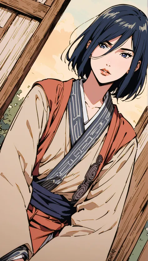 vintage movie, girl, short hair, ((navy hair)), hair between her eyes, straight hair, woman body, cute earrings, ((dressed like hyuuga neji from naruto)), dutch angle, hyuga clan, shinobi village, konohagakure, (((perfect lips))), perfect hair, looking dow...