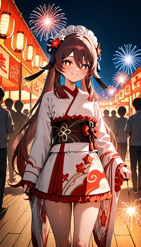 (( Fu Tao_Genshin )), 152.88cm , ( Harajuku fashion_Japanese goth style ) , Japanese pattern headband headdress , long kimono gown in red print , calf length total, detached long sleeves , wide cuffs with white straps and red flowers decorated , short kimo...