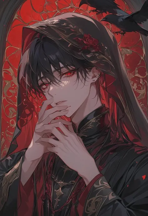 "A hyper-detailed, ultra-high-definition anime-style illustration of a male character draped in a dark, translucent veil, whispering a forbidden prayer. His long, raven-black hair spills over his shoulders, strands catching the dim candlelight. His pierci...