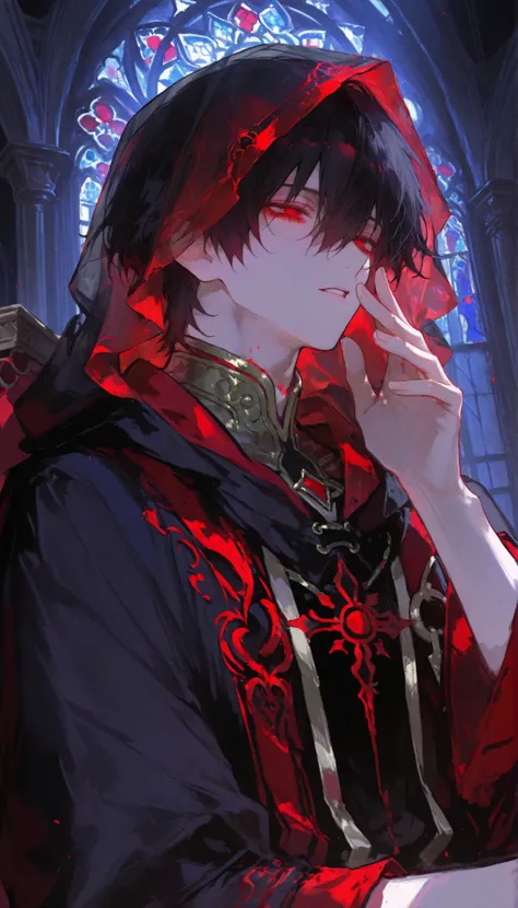 hyper-detailed, ultra-high-definition, dark translucent veil, whispering a forbidden prayer, 1man, solo, alone, short hair, raven-black hair, crimson eyes burn, obsidian-black robe with blood-red embroidery, intricate arcane symbols woven into the fabric,...