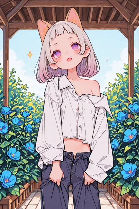 ((Masterpiece)), ((best quality, very aesthetic, absurdres, newest, detailed background, High Definition)), (8K), ((1girl)), (cute young girl), (Healthy Gaunt body, Textured skin, small chest, tilt head), (pale purple eyes, gradient eyes, upturned eyes), (...