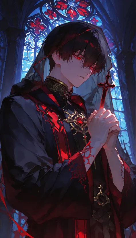 hyper-detailed, ultra-high-definition, dark translucent veil, praying, 1man, solo, alone, handsome, short hair, raven-black hair, crimson eyes burn, obsidian-black robe with blood-red embroidery, intricate arcane symbols woven into the fabric, background i...
