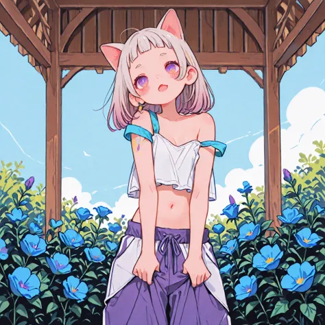 ((Masterpiece)), ((best quality, very aesthetic, absurdres, newest, detailed background, High Definition)), (8K), ((1girl)), (cute young girl), (Healthy Gaunt body, Textured skin, small chest, tilt head), (pale purple eyes, gradient eyes, upturned eyes), (...