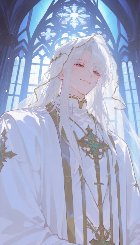 hyper-detailed, ultra-high-definition, translucent veil, smile, 1man, solo, alone, handsome, long hair, white hair, goldeyes burn, white robe, background is a ruined cathedral, stained glass shattered, moonlight filtering through the dust-filled air, semi-...