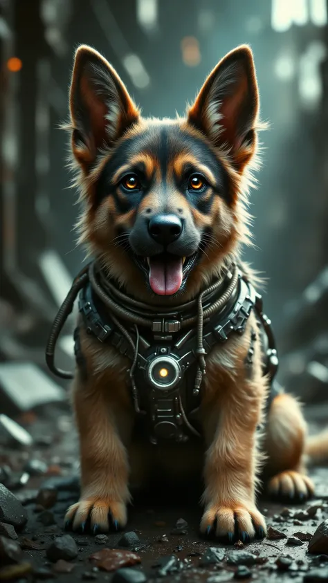 image of a German shepherd puppy that has been implanted with cybernetics, cyberpunk background, strong depth of field, beautiful detailed, high resolution, 32K, realistic rendering, (Masterpiece, Hi-res: 1. 2), ultra-realistic details, High Definition, Ac...