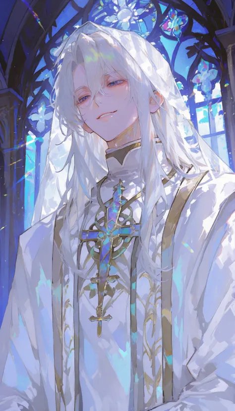 hyper-detailed, ultra-high-definition, translucent veil, smile, 1man, solo, alone, handsome, long hair, white hair, goldeyes burn, white robe, background is a ruined cathedral, stained glass shattered, moonlight filtering through the dust-filled air, semi-...