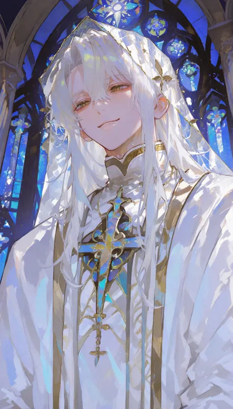 hyper-detailed, ultra-high-definition, translucent veil, smile, 1man, solo, alone, handsome, long hair, white hair, gold eyes, white robe, background is a ruined cathedral, stained glass shattered, moonlight filtering through the dust-filled air, semi-real...