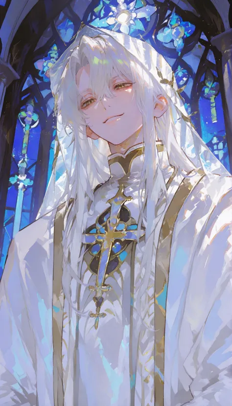 hyper-detailed, ultra-high-definition, translucent veil, smile, 1man, solo, alone, handsome, long hair, white hair, gold eyes, white robe, background is a ruined cathedral, stained glass shattered, moonlight filtering through the dust-filled air, semi-real...