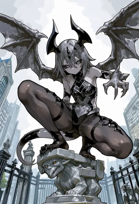 Gargoyle Girl。enemy monster。Stone Design。black sclera。city gate。sculpture statue。Grey Rock Face。inner tights。stone texture integrated with status。crouching。Stone wings。Stone Statue's Body。Kuroku Kuroku。Low kick