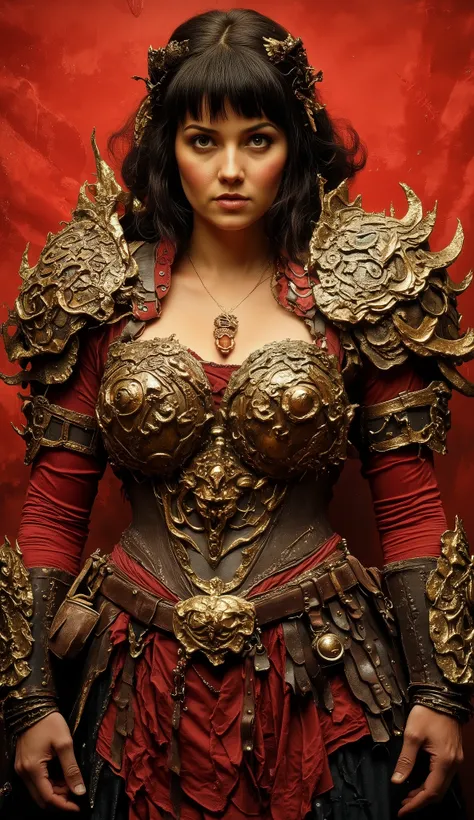 A curvy, full-figured warrior, adorned in ornate metallic armor with silver accents and stylized lion head shoulder pads, stands against a red Pop Art background. She wears a red top and a red belt with black dragon details. Her dark brown hair is medium-l...
