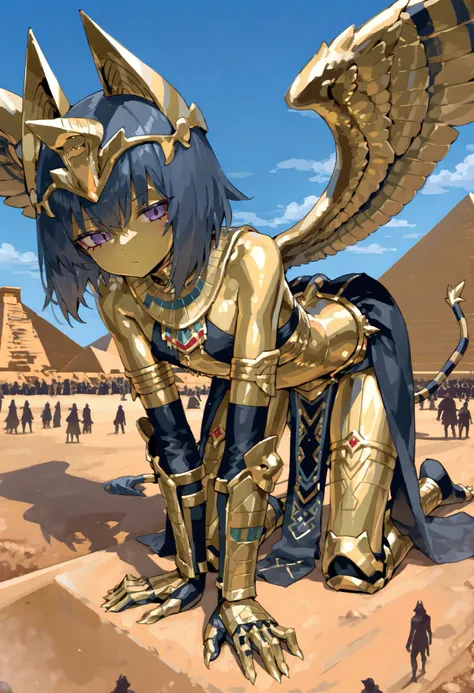 sphinx。Monster girl。 desert。Ride on top of the pyramid。Iron Claw。Hand guard。Both wings。cloth clothing 。on all fours。Gold Skin。Giant Woman。Outdoors。Sideways。Cross the pyramid。Pharaoh crown。Difference in scale。small crowd on the ground