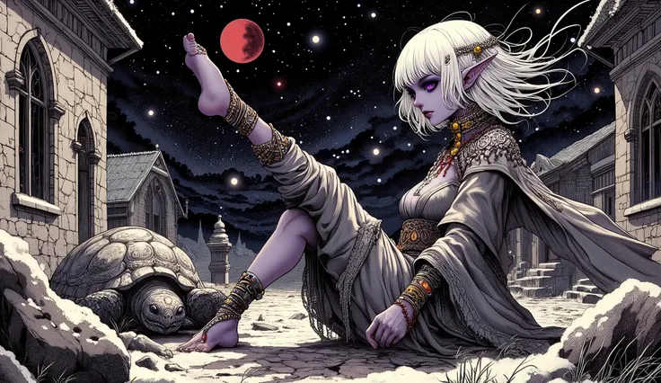 (A fusion of Ukiyo-e and dark fantasy. Aesthetic and gothic digital art. Illustrations are drawn from the perspective of looking up diagonally from the ground.) BREAK 
(White hair. Blunt bangs. White eyebrows. Long white eyelashes. Almond-shaped eyes. Lave...