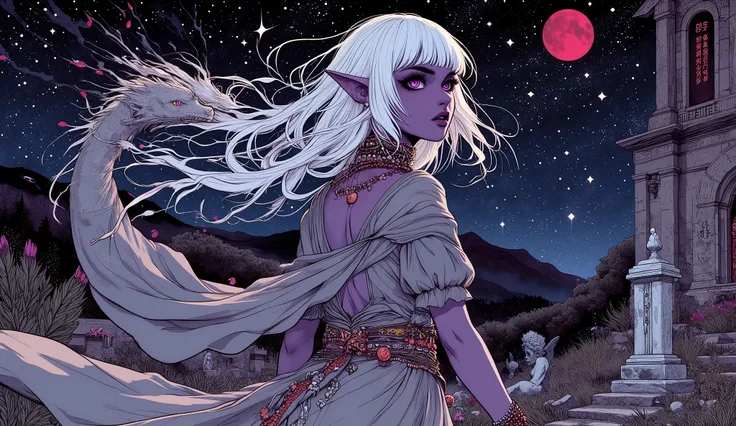 (A fusion of Ukiyo-e and dark fantasy. Aesthetic and gothic digital art. Illustrations are drawn from the perspective of looking up diagonally from the ground.) BREAK 
(White hair. Blunt bangs. White eyebrows. Long white eyelashes. Almond-shaped eyes. Lave...