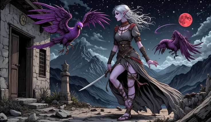 The world of the Dracula legend is set in medieval Romania. The stars twinkle in a very dark night sky with a small blood-red moon. A female vampire hunter, a dark elf, is walking with her companion, a phoenix made of purple crystal, in a bold pose and act...