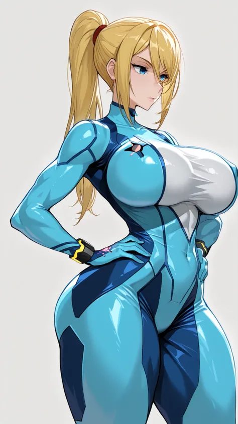 natural breasts,bottom up,
low lit,
(ゼロスーツサムス) Samus Alan, (detailed eyes drawn on a giant ), serous , curvy body, sensual, thighs, (bodysuit), Standing, white plain background, with one hand on the waist