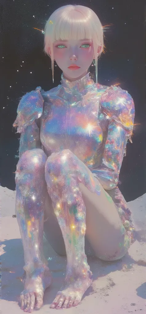Medium body shot of a woman with a hyper-short pixie cut and sharp micro bangs, her hair a radiant blend of blondish pink with iridescent highlights. Her head is subtly tilted to the left, creating a slight diagonal tension in the composition, while her vi...