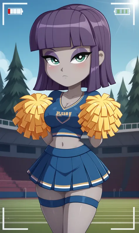 ((masterpiece, detailed image, soft skin, style_2d_chibi)), Maud Pie), , 1 girl, alone, cheerleader, short_hair, expressionless face, skirt, belly button (cheerleader), looking_at_viewer, cosplay, holding, blush, abdomen, pleated_skirt, white_skirt, hold...