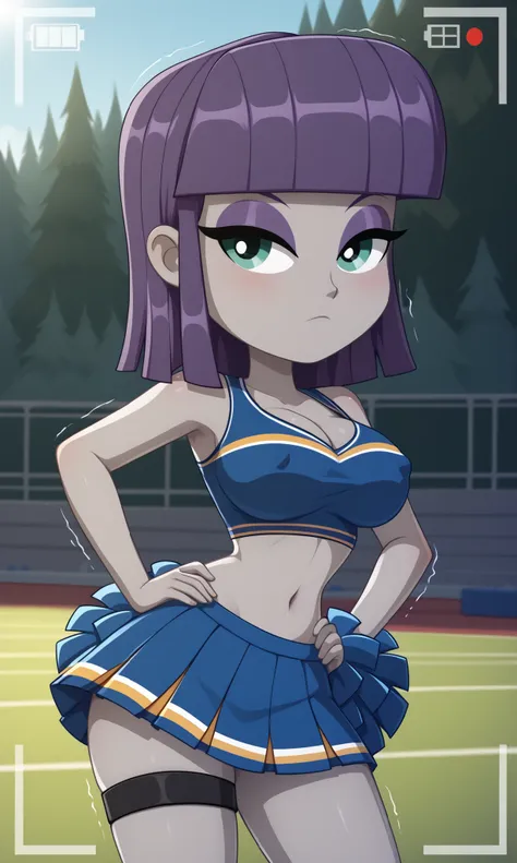 ((masterpiece, detailed image, soft skin, style_2d_chibi)), Maud Pie), , 1 girl, alone, cheerleader, short_hair, expressionless face, skirt, belly button (cheerleader), hands on hips, ass, dancing, shaking ass, looking back,, cosplay, holding, blush, abd...