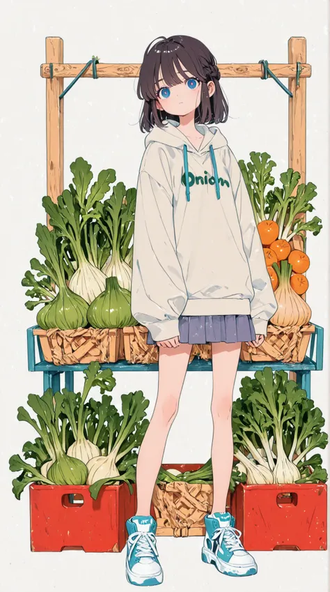 (((A girl is standing holding an onion ,Girl holding an onion)))、 full body shot from the front, super high resolution, Best Quality、☠ hoodie、 flat chest、 beautiful details、 dark haired、 French braid:1.48、 dark haired × Blue Eyes、 Blue Eyes、 serious exp...