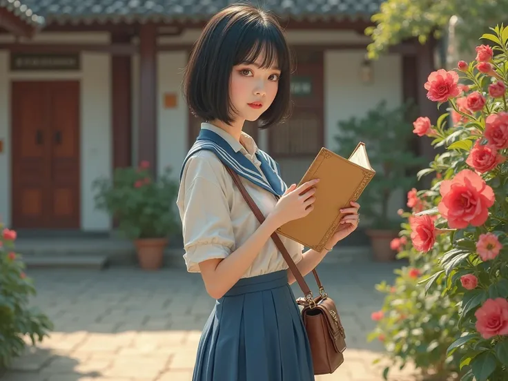 The picture style is exquisite and realistic，focusing on color matching and lighting effects。The subject is a stylish female student，Short-haired black hair， fair skin ， pretty face，Wearing a blue-and-white school uniform，White top，Blue Skirt，Wear black cl...