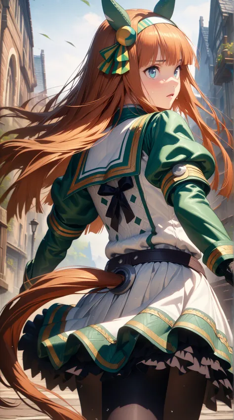  cinematic, (masterpiece), (best quality), (ultra-detailed), very aesthetic, illustration, realistic illustration, perfect composition, intricate details, absurdres,  (anime, masterpiece, intricate:1.3), (best quality, hires textures, high detail:1.2), (4k),(incredibly detailed:1.4), 1 girl、 Silence Suzuka、Uma Musume、 long hair、 animal ears 、 ear covers、  hair band、(( tea hair))、 horse tail、 green sailor color、 black ribbon、 white shirt、 layered sleeve 、Green Sleeves、 black gloves、 white skirt、 black pantyhose 、Outdoors、run、 full speed、Desperate、Flowing sweat、 running pose , full speed,in a dynamic motion,(from behind:1.2),(Don't look back, look ahead)