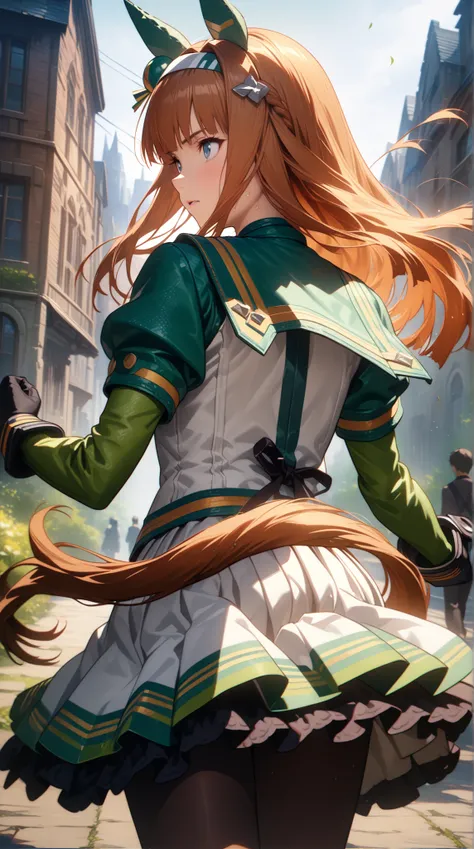  cinematic, (masterpiece), (best quality), (ultra-detailed), very aesthetic, illustration, realistic illustration, perfect composition, intricate details, absurdres,  (anime, masterpiece, intricate:1.3), (best quality, hires textures, high detail:1.2), (4k),(incredibly detailed:1.4), 1 girl、 Silence Suzuka、Uma Musume、 long hair、 animal ears 、 ear covers、  hair band、(( tea hair))、 horse tail、 green sailor color、 black ribbon、 white shirt、 layered sleeve 、Green Sleeves、 black gloves、 white skirt、 black pantyhose 、Outdoors、run、 full speed、Desperate、Flowing sweat、 running pose , full speed,in a dynamic motion,(from behind:1.2),(Don't look back, look ahead)