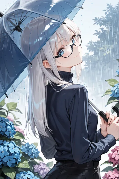 ((Masterpiece)),((best quality)),((incredibly absurdres)),((8K)),(semi realistic),
1 girl,solo,young female,aged up,kawaii,white hair,long hair,straight hair,blue eyes,small breasts,
((black eyewear)),(navy blue turtleneck shirt),long sleeves,(wide sleeves...