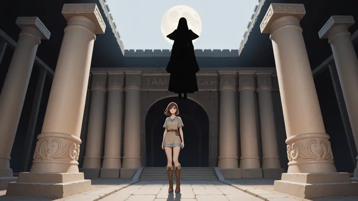 female figure with brown hair wearing a short tunic and tall hide boots, in dark silhouette, standing on Babylonian temple grounds, in full view
