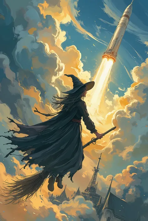 POV from behind, a witch flying through the sky on a broomstick, gazing down at a rocket launching from its pad far below, massive fire and smoke bursting upward as the rocket ascends, long white trail cutting across the clear blue sky, her black cloak and...