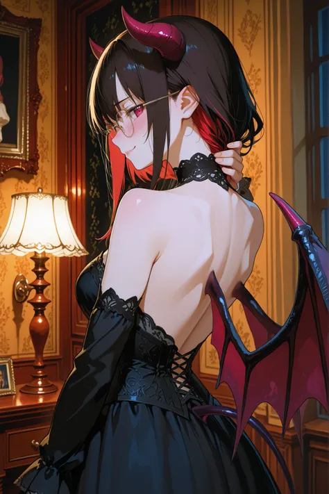 Winged Vulnerability: A Shy Rebuke,Base of succubus wings on the shoulder blades.Slightly slanted back view. Hand on the neck.from side,Succubus horns.
Anime comic style illustration, "Her Back" theme, gothic romance.Shyness, cute stares, blushing、748cmsty...