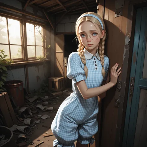masterpiece, best quality, very aesthetic, absurdres, realistic, indoors, abandoned shed, dusty, sunbeams, doorway, dark, backlighting, solo, dutch angle, 1girl, hiding behind (wall), peeking out, blonde hair, twin braids, parted bangs, forehead, perfect f...
