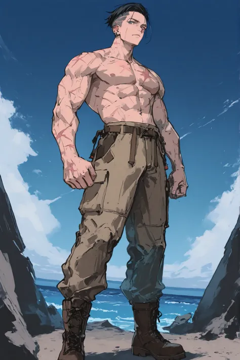 Semi-anime art style illustration of a rugged 32-year-old European male character. Striking features include piercing ocean-blue eyes and a prominent battle scar cutting diagonally from his left eye down to his chin. Short black hair styled in an undercut....