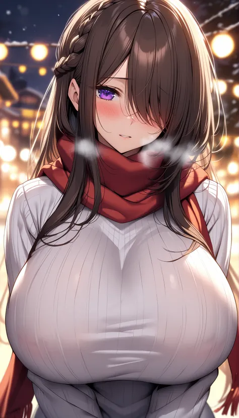(masterpiece, Highest quality:1.2), (1girl), alone, ((long hair)) ,((dark brown hair)), ((straight hair)), ((hair over face)), (hair over one eye), (hair over right eye),  high detail, bloom, (beautiful effects), (((white Sweater high neck))), detailed eye...