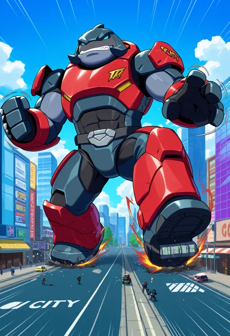 Gantu, wearing Spartan armor, handsome, attractive, (macro in miniscule city:1.3), dynamic pose, causing destruction, teasing, throbbing aura, growth effects, throbbing body, throbbing lines, full body
