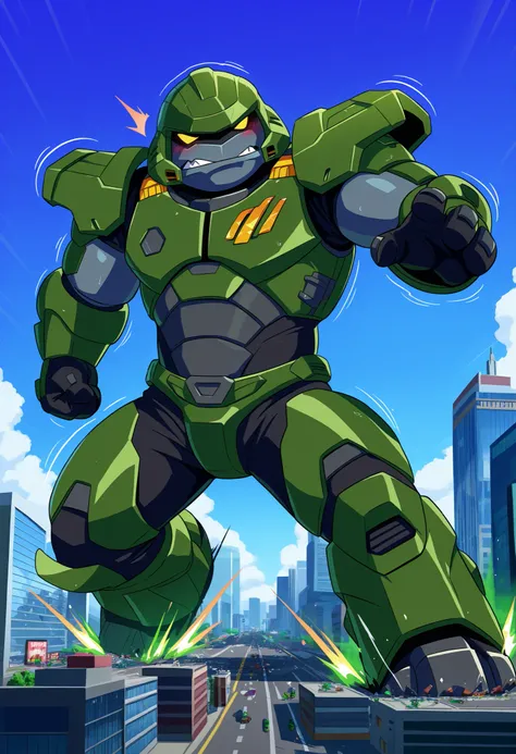 Gantu, wearing Master Chief armor, handsome, attractive, alluring, seductive, (macro in miniscule city:1.3), dynamic pose, causing destruction, teasing, playful, throbbing aura, growth effects, throbbing body, throbbing lines, full body