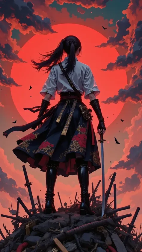 masterpiece、Highest Quality、Detailed Expression、well-balanced composition that makes use of white space、8K、Very realistic、anatomically accurate hands and fingers、balanced proportions、Physically correct relationship between light source and shadow.、The back view of a female samurai standing on top of a pile of hundreds of s.、Back silhouette with backlighting in the sunset、Long ponytail hair fluttering in the wind、She is stabbing a Japanese sword into the ground at her foot and supporting the end of the handle with one hand.、Fighting costume with black and red accents、knight armor、Long Black Leather Gloves, Gauntlets with Metal Embellishments,  Black Leather Long Boots、Long Waistband with Cloth Fluttering in the Wind、Black Sword Scabbard with Beautiful Gold Decorations Hanging from Her Waist、There are swords, spears, and various other items on the ground.々Various weapons are stuck in the ground and falling.、The setting sun has turned the sky into a blood-colored sunset.、A desolate, melancholic atmosphere.