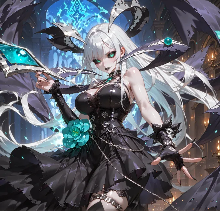 (SuperQuality:1.0) ~ (SuperQuality:1.2), detailxl, 1girl, High Resolution, Best Quality, High Details, Super Detailed, detailed background, goth, white hair, long hair, green eyes, black sclera, black lips, black dress, looking at viewer, long nails, black...
