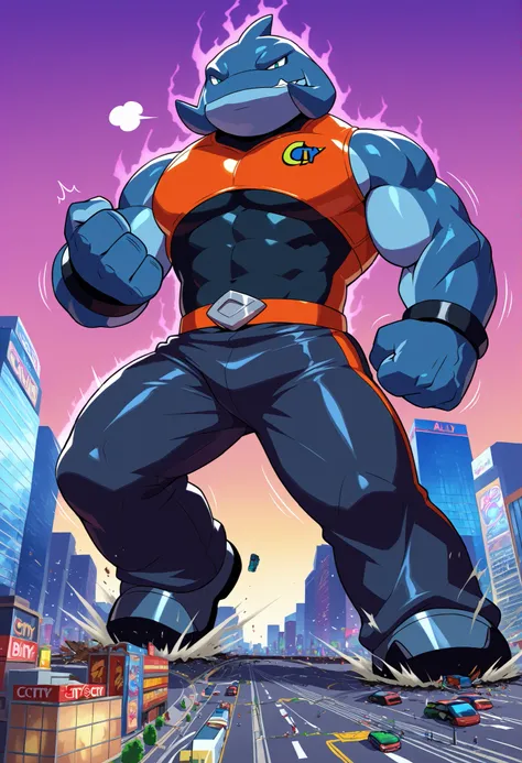 Gantu, wearing athletic armor, handsome, attractive, alluring, seductive, sexy, charming, inviting, (macro in miniscule city:1.3), dynamic pose, causing destruction, teasing, playful, throbbing aura, growth effects, throbbing body, throbbing lines, full bo...