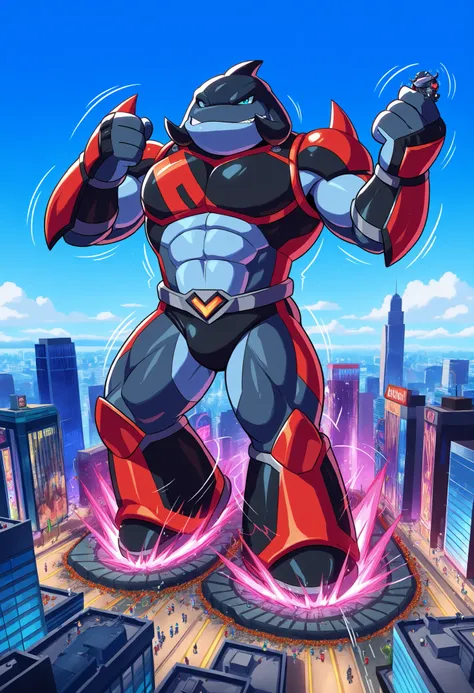 Gantu, wearing cybernetic armor, handsome, attractive, alluring, seductive, sexy, charming, inviting, (macro in miniscule city:1.3), dynamic pose, causing destruction, teasing, playful, throbbing aura, growth effects, throbbing body, throbbing lines, full ...