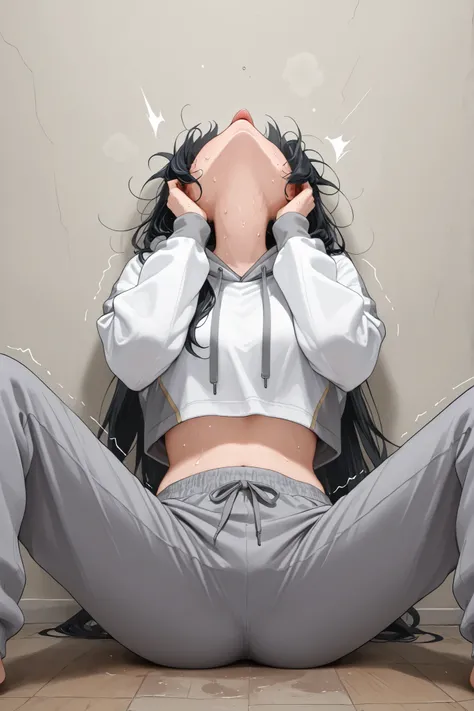 1girl, white hoodie, cropped hoodie, grey trim, grey lining, grey hood, grey sweatpants, long hair, sitting down, legs spread, sitting on floor, black hair, head back, shaking, sweating, hands on face, open mouth, tongue out