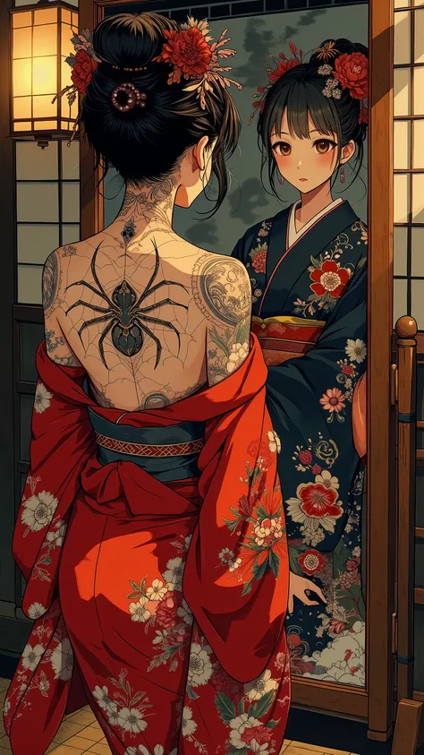 A Japanese woman standing in front of a mirror, seen from behind. She is dressed as an oiran, wearing a vibrant red kimono adorned with bold peony flowers and skull motifs, draped loosely and falling down her arms to fully reveal her bare back. Her back is...